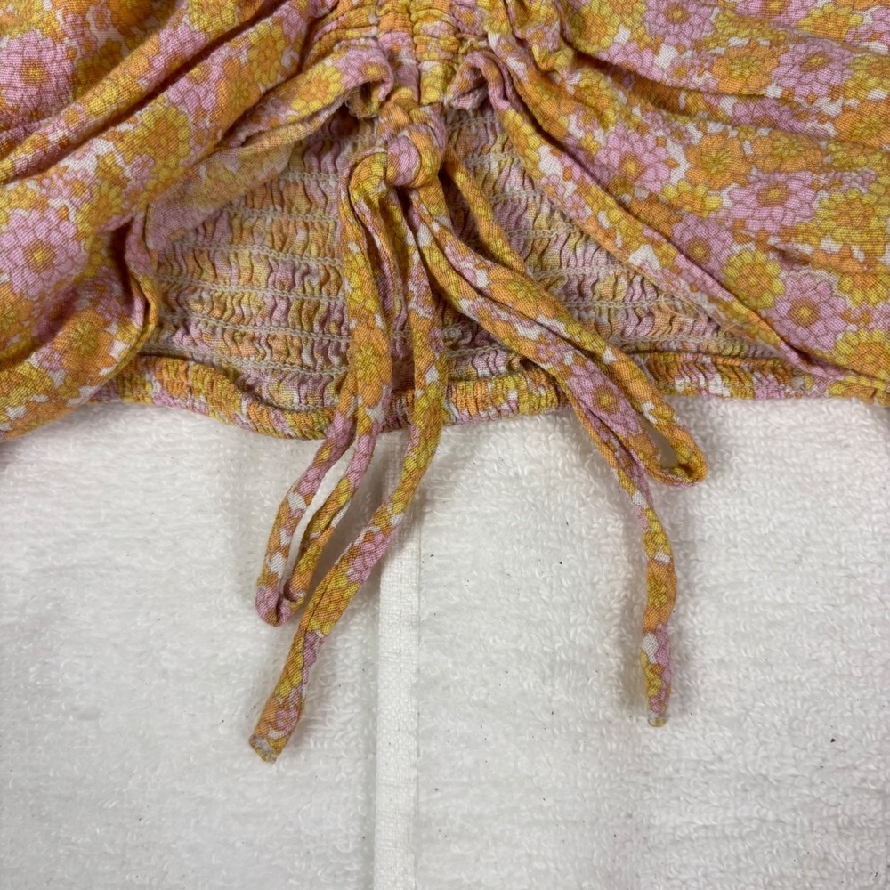 H&M Floral Ruched Crop Top Womens Medium Yellow Pink Cottagecore Boho Festival - Picture 11 of 14
